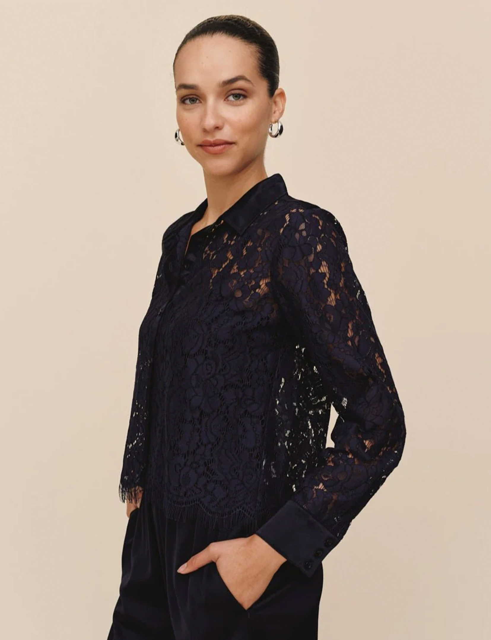 Lace Contrast Shirt, Midnight Sky