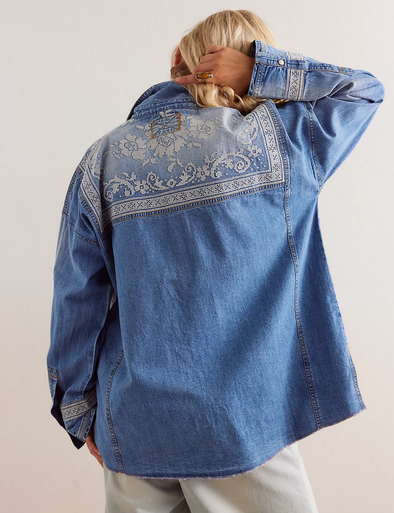 Lace Embroidered Denim Shirt, Medium Rancher Wash