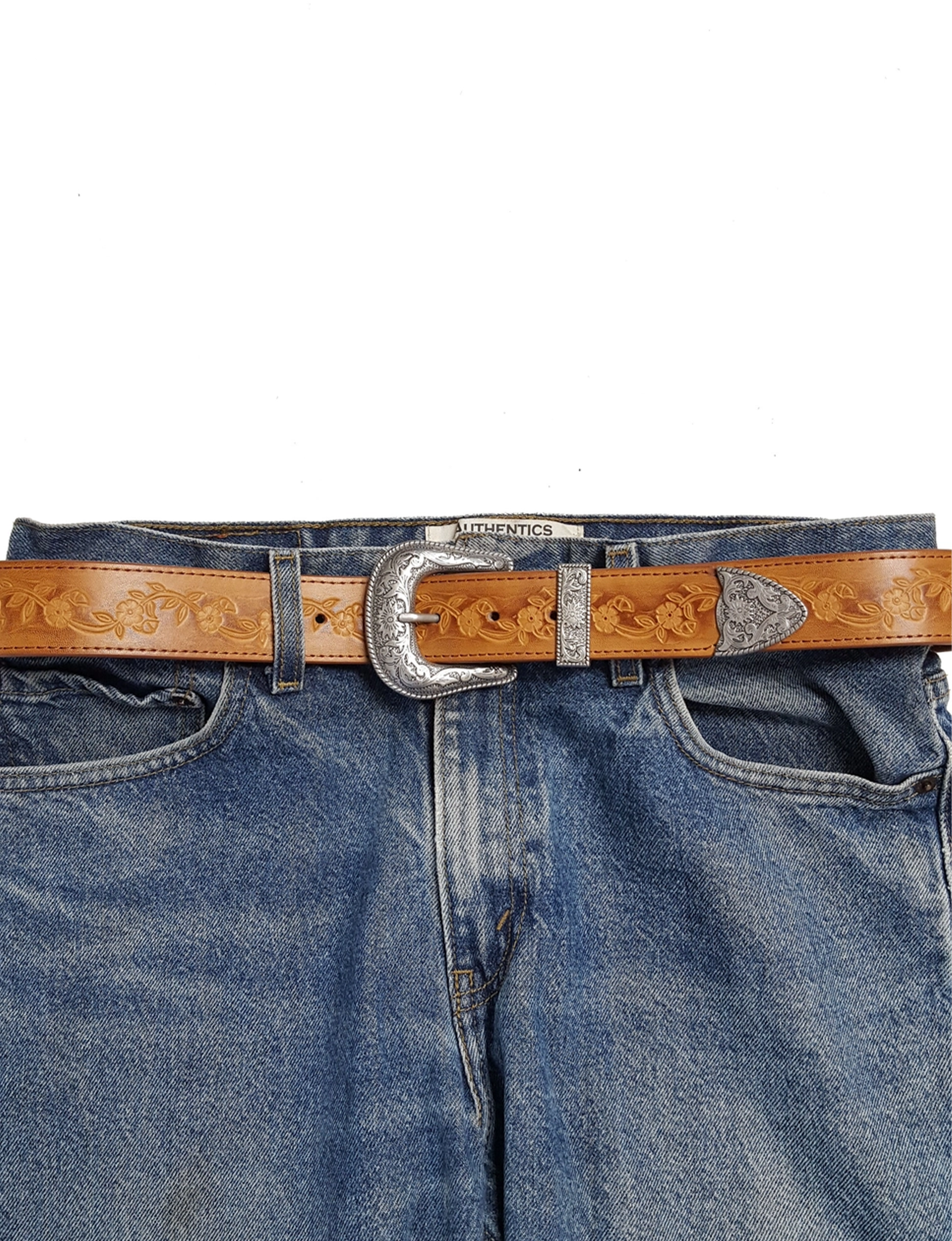 Silver Buckle Vintage Belt, Tan