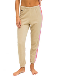 5 Stripe Womens Sweatpant, Sand/Pink Green