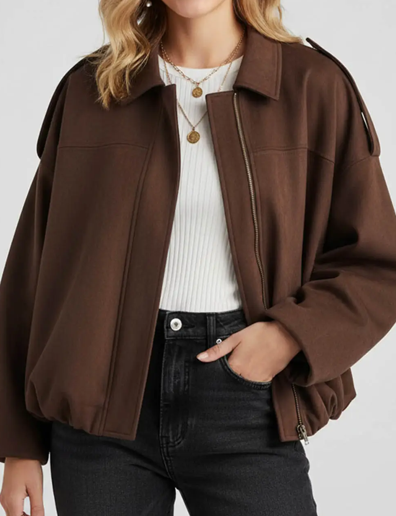 Faux Suede Bomber Jacket, Coffee