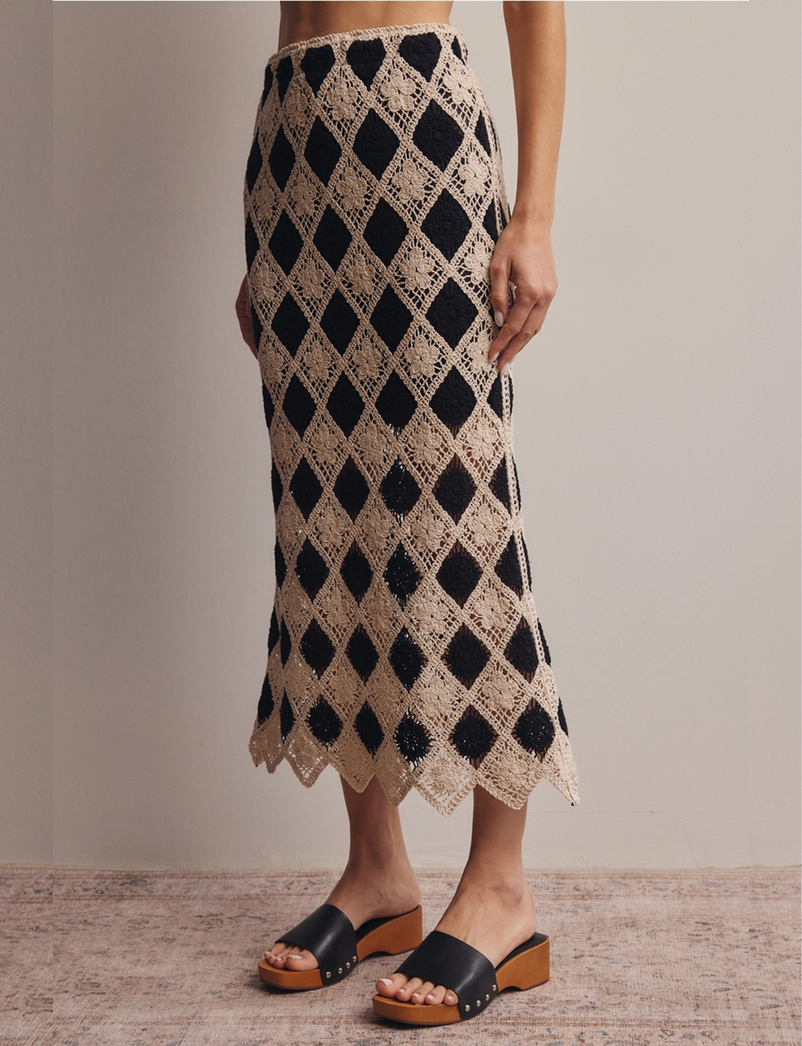 Crochet Diamond Midi Skirt, Black Natural