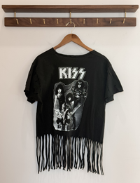 Kiss Distressed  Fringe Tee, Black