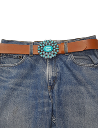 Turquoise Floral Buckle Belt, Tan Leather