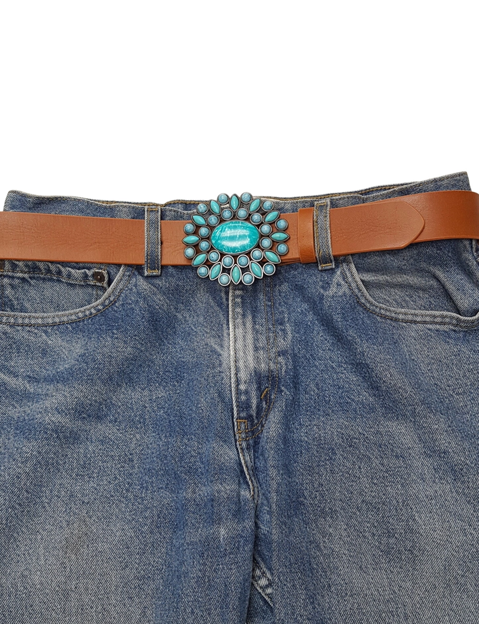 Turquoise Floral Buckle Belt, Tan Leather