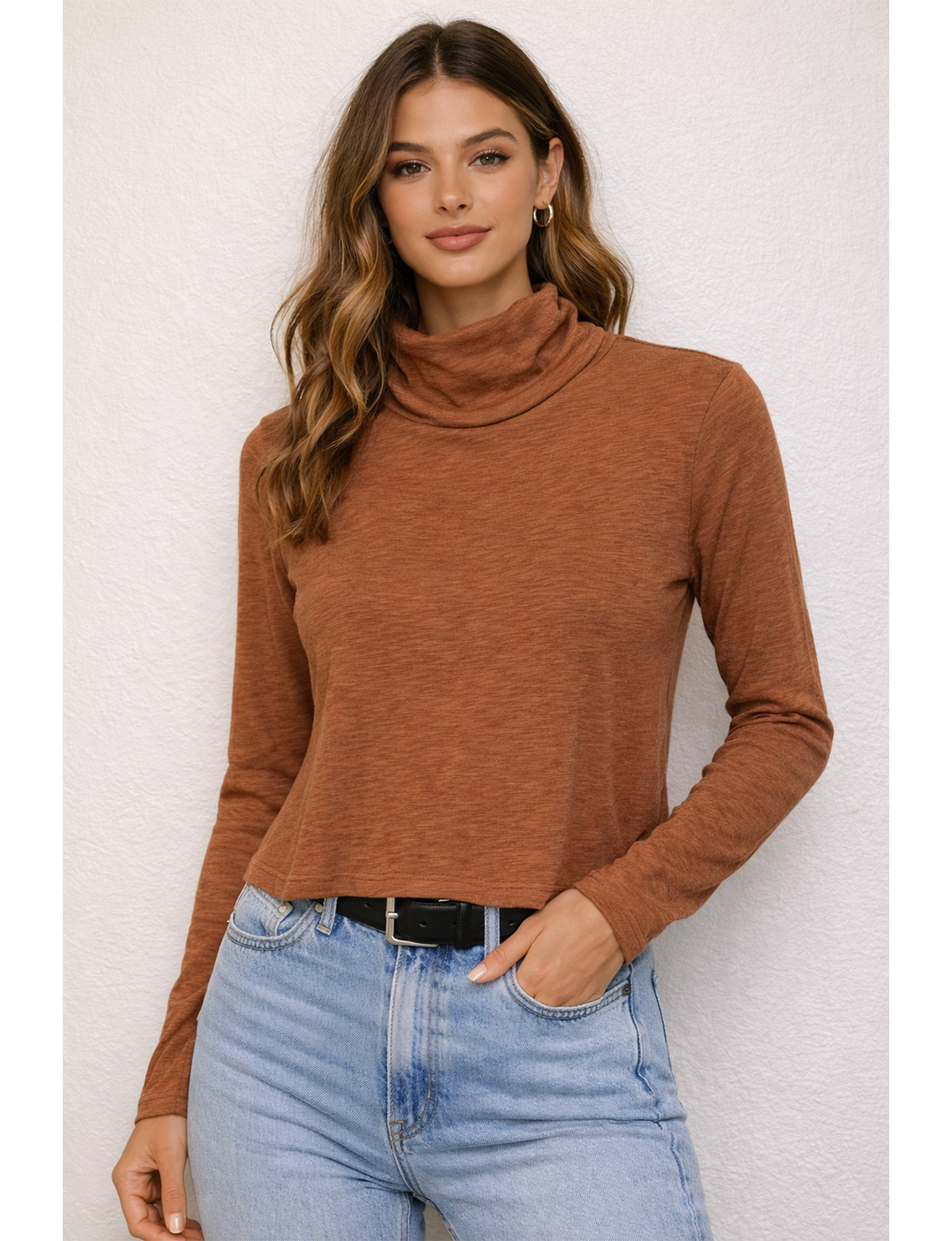 Malone Cropped Turtleneck, Mocha Mousse