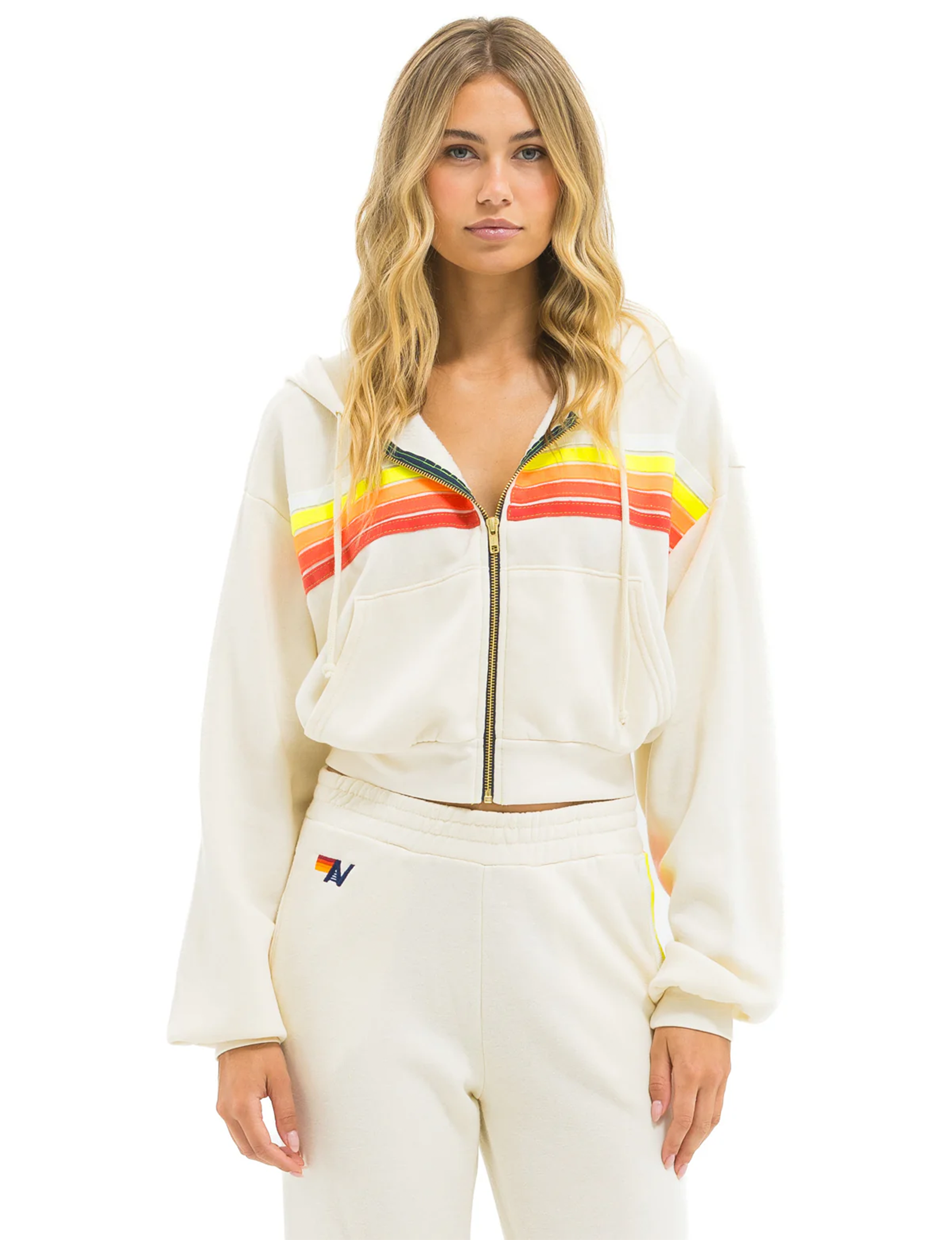 5 Stripe Cropped Relaxed Zip Hoodie, Vintage White/White Neon
