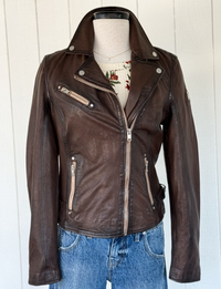 Sofia Leather Moto Jacket, Black/Brown