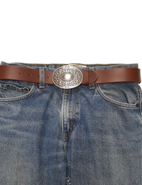 Silver Floral Buckle Belt, Brown Leather