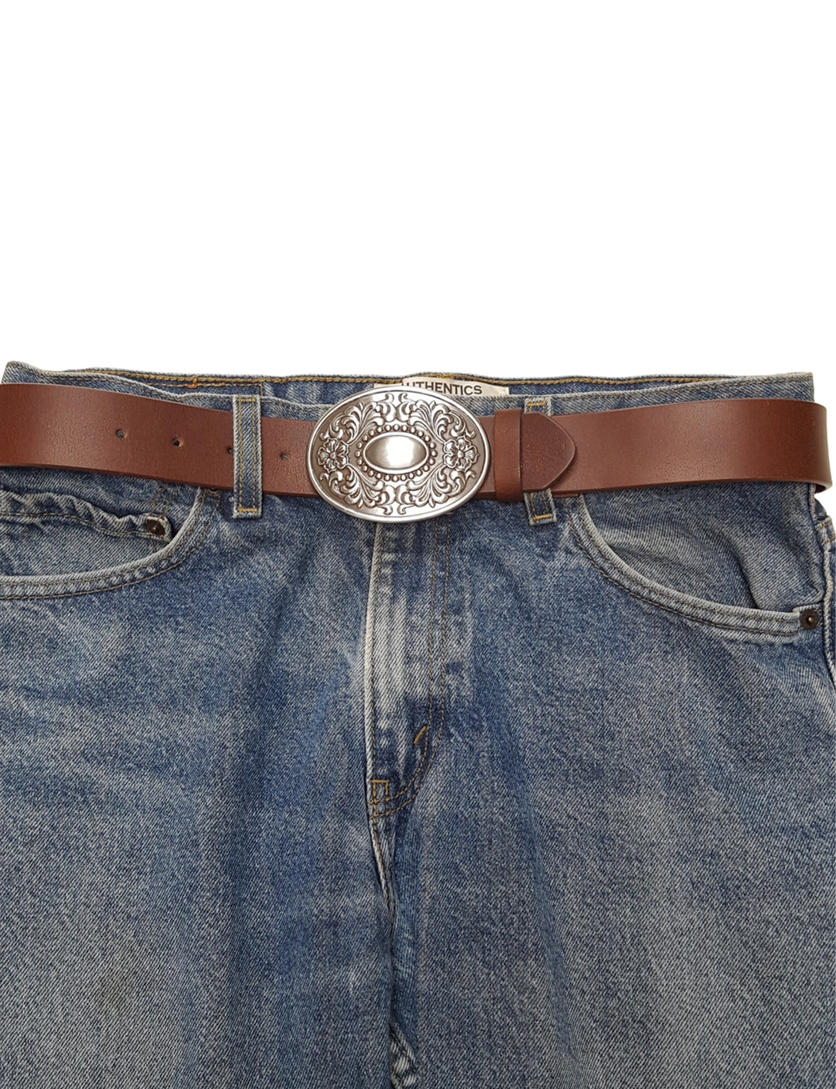 Silver Floral Buckle Belt, Brown Leather