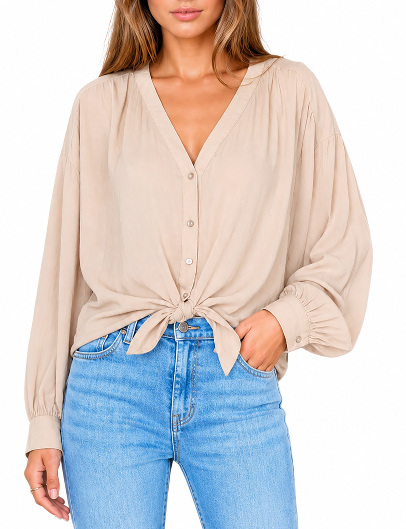 Tie Front Blouse, Khaki