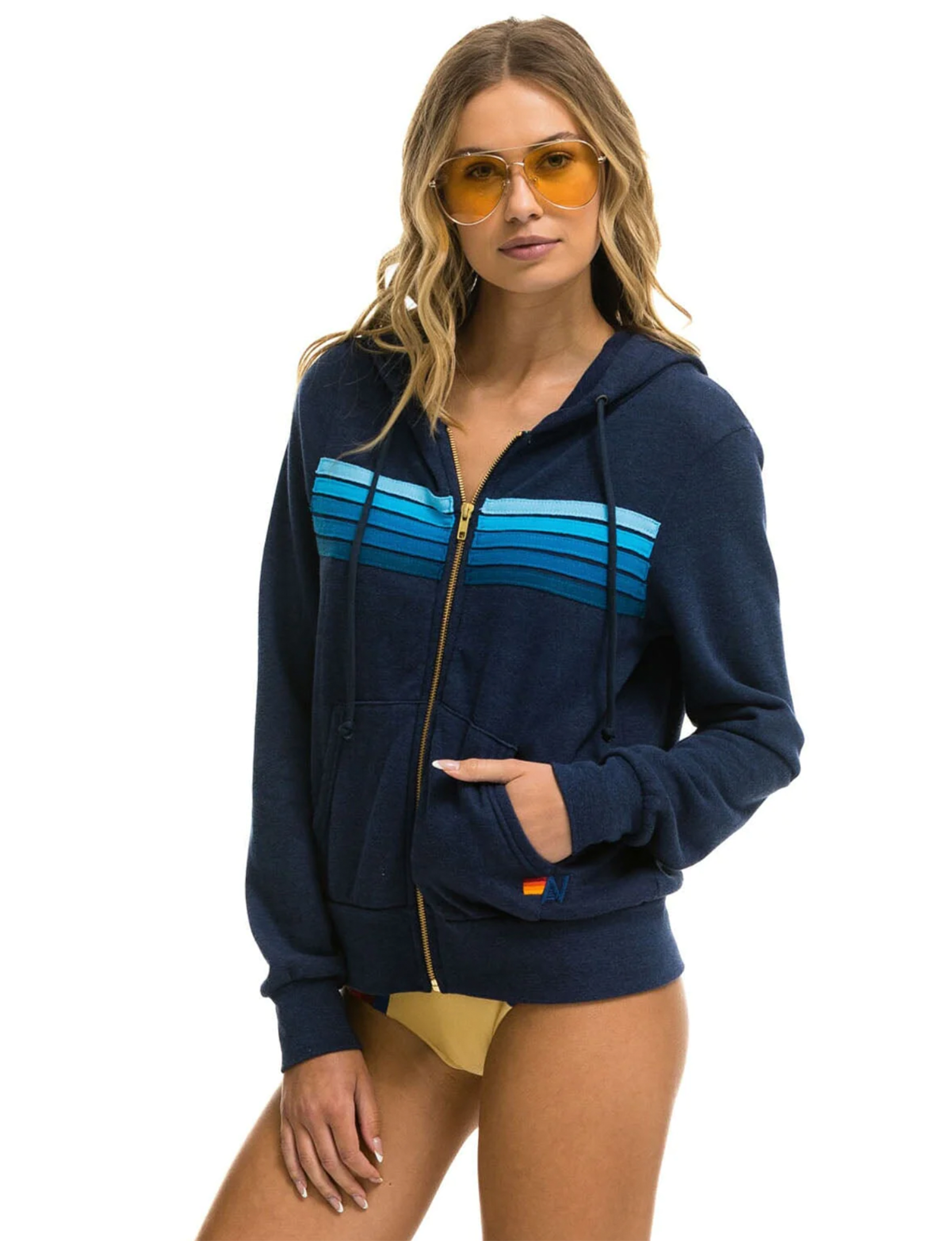 5 Stripe Zip Hoodie, Navy/Blue