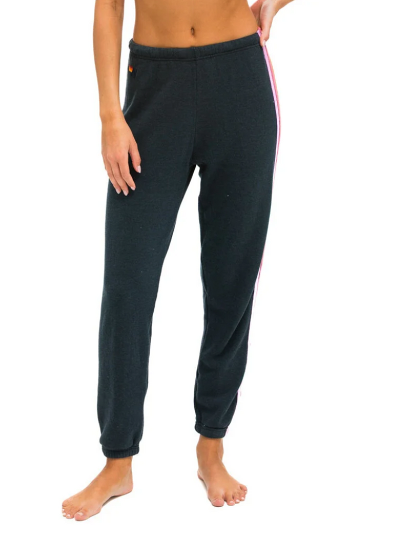 5 Stripe Womens Sweatpants, Charcoal/Pink Green