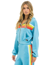 5 Stripe Cropped Relaxed Zip Hoodie, Aquamarine/White Neon
