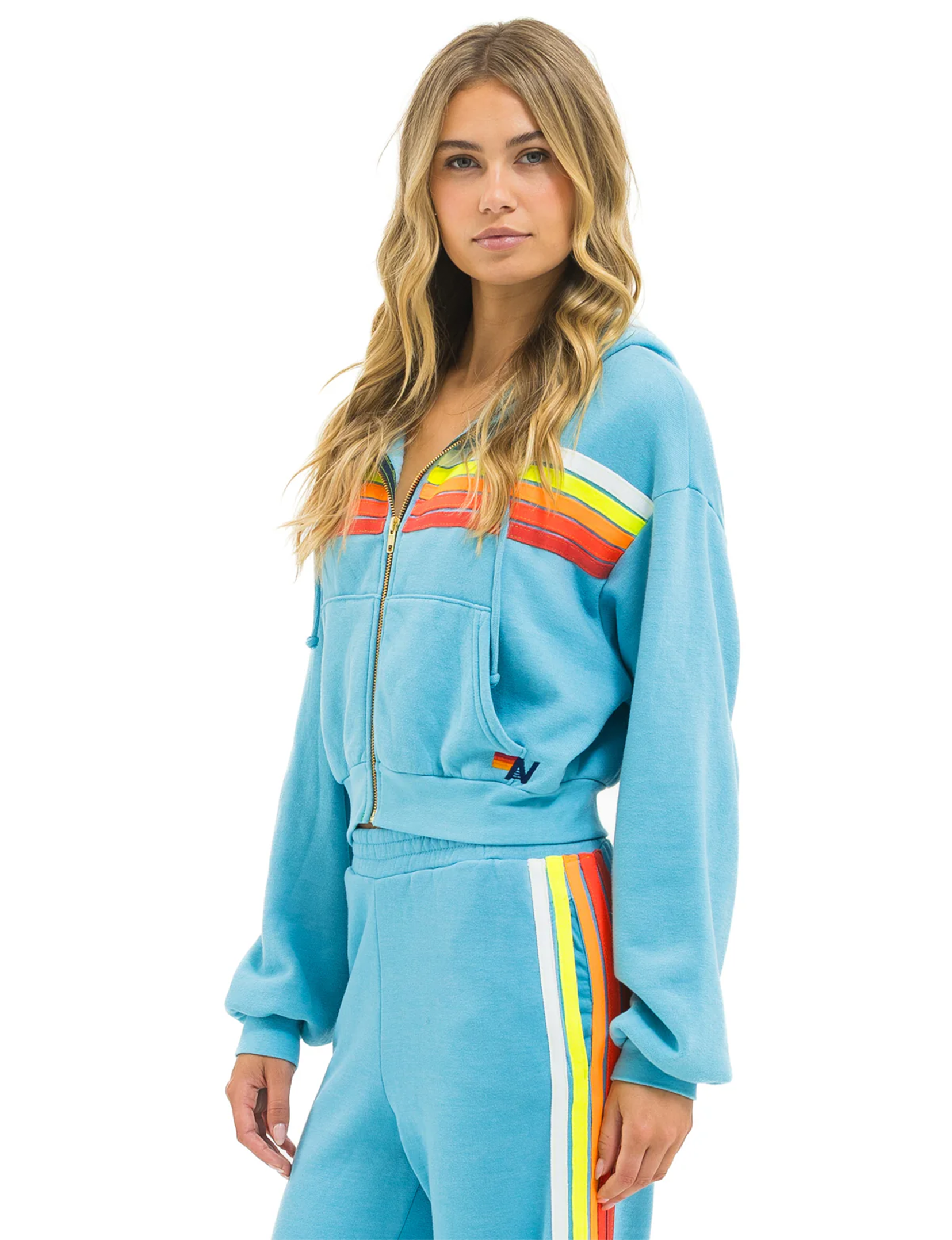 5 Stripe Cropped Relaxed Zip Hoodie, Aquamarine/White Neon