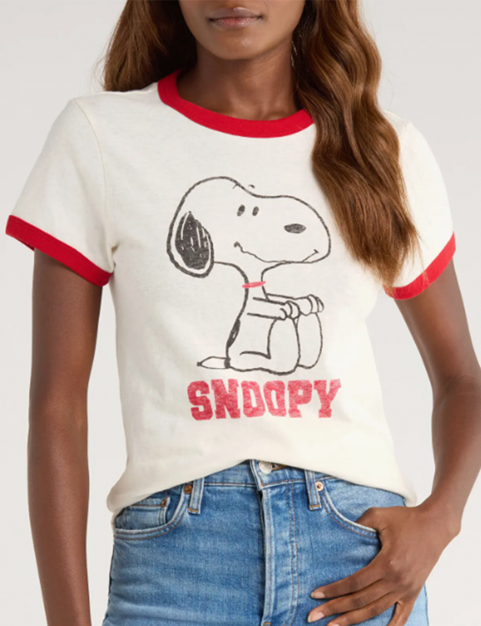 60s Slim Ringer Snoopy Tee, Vintage White/Crimson
