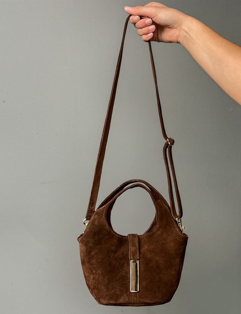 Mini Kai Crossbody, Brown Suede