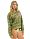 Heart Print Relaxed Crew Sweatshirt, Camo/Neon Pink