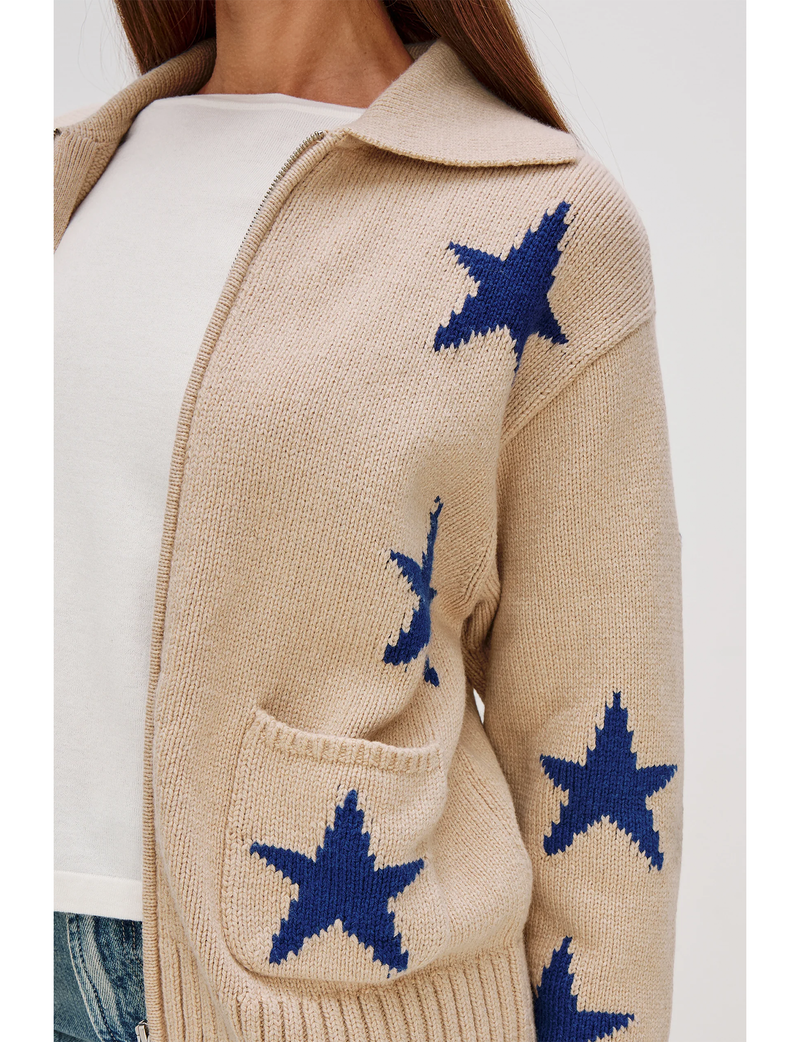 Rhea Zip Sweater, Camel/Cobalt Stars