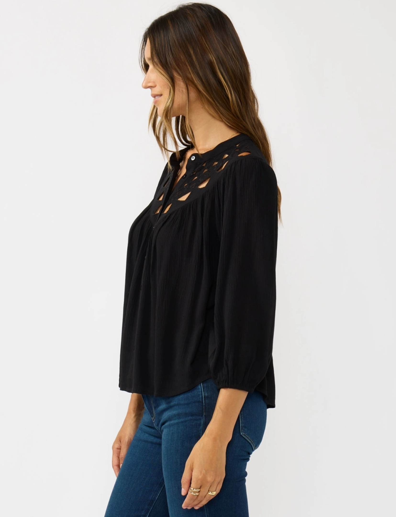 Embroidered Yoke Blouse, Black