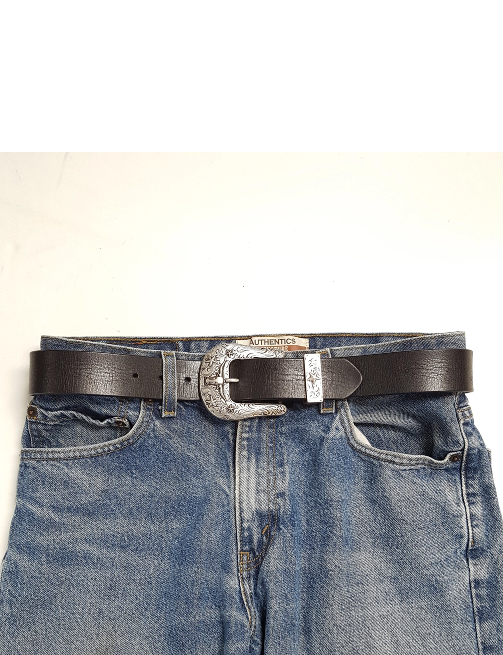 Antique Silver Long Horn Belt, Black