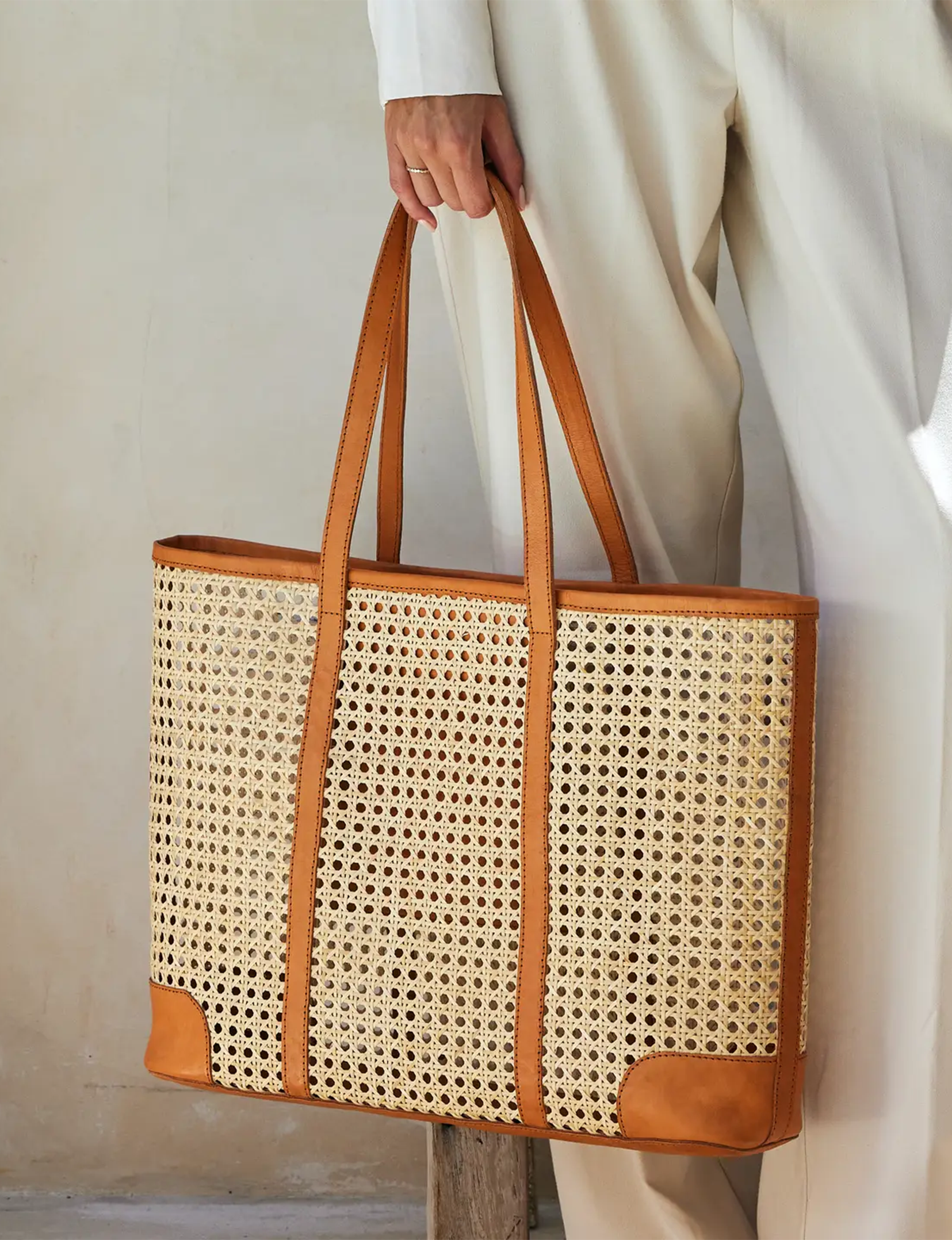 Oversized Rattan Tote Bag, Brown Leather