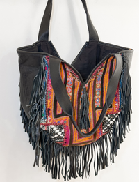 Embroidered Leather Fringe Tote, Black