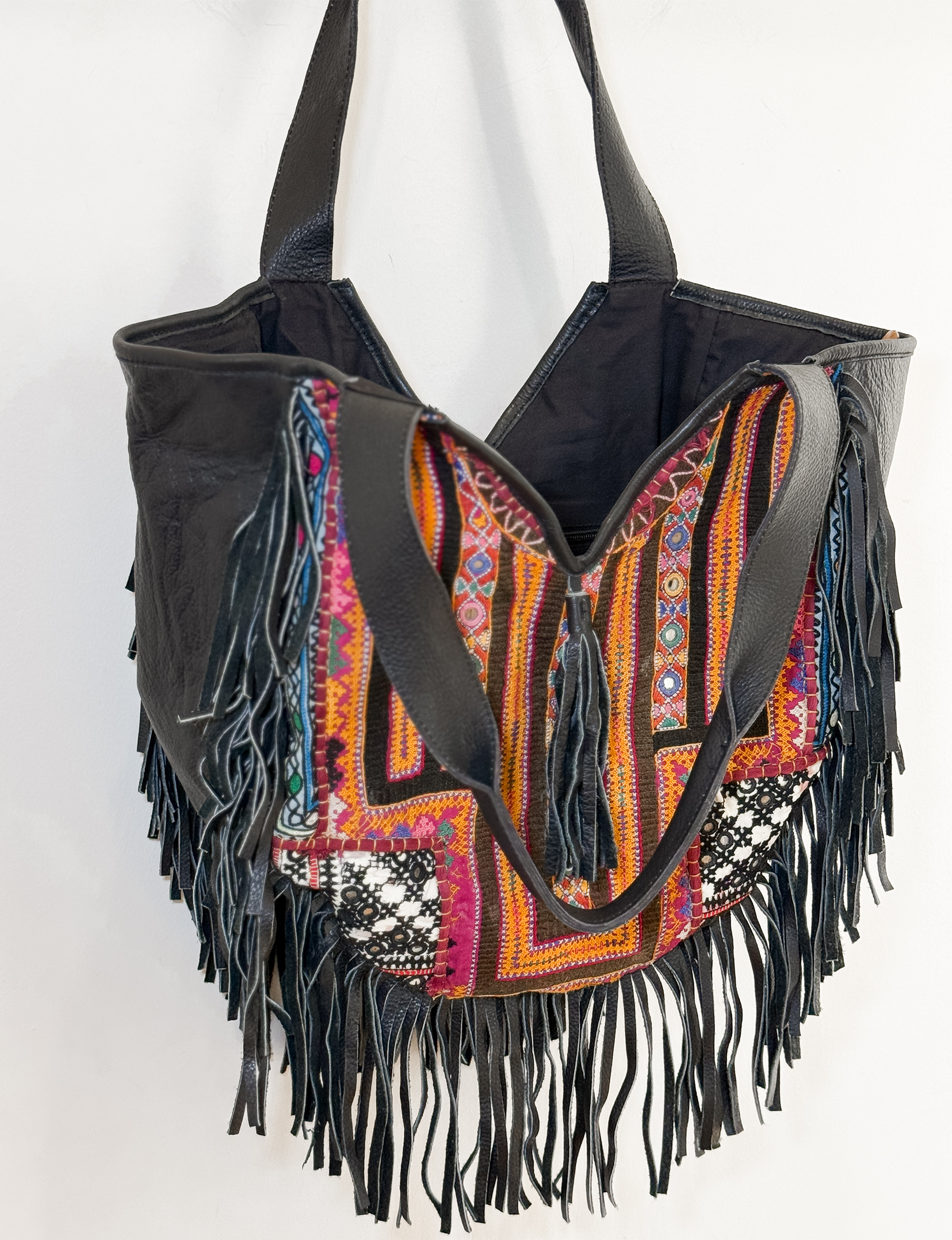 Embroidered Leather Fringe Tote, Black