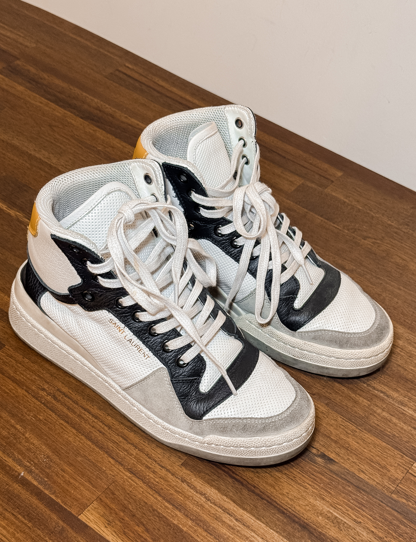 Saint Laurent High Top Sneakers, Grey Suede/Black Leather