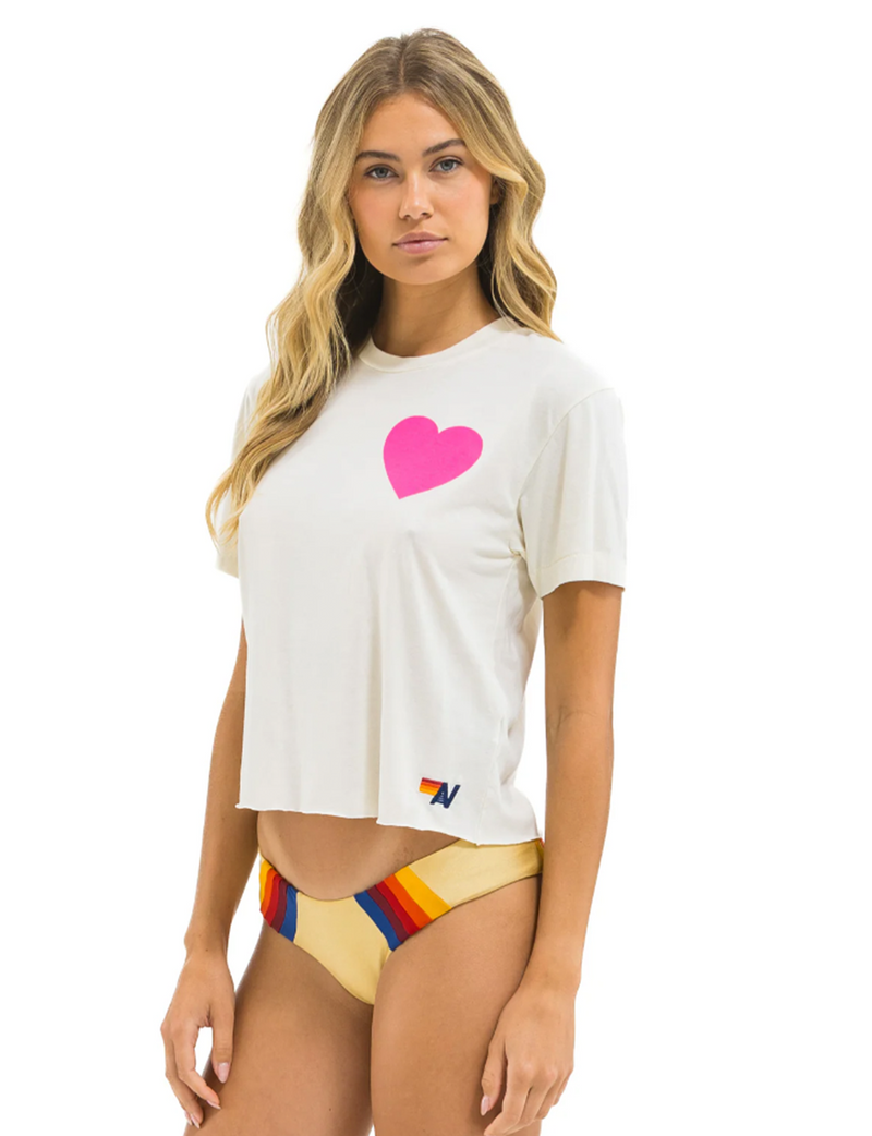 Heart Print Boyfriend Tee, Vintage White/Neon Pink