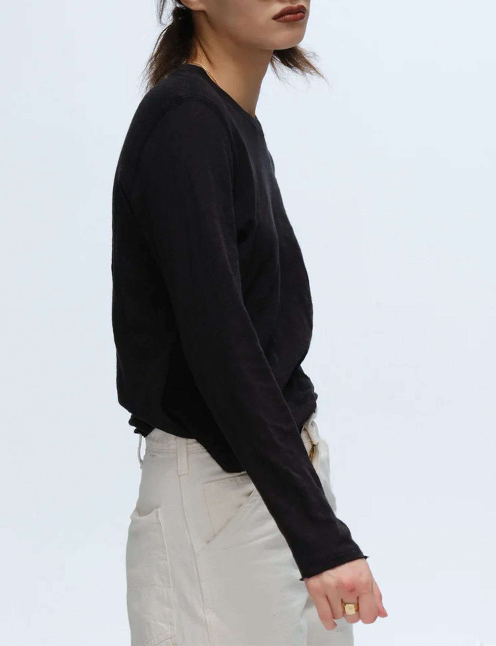 Slub Jersey Long Sleeve Destroyed Crop Crew, Black