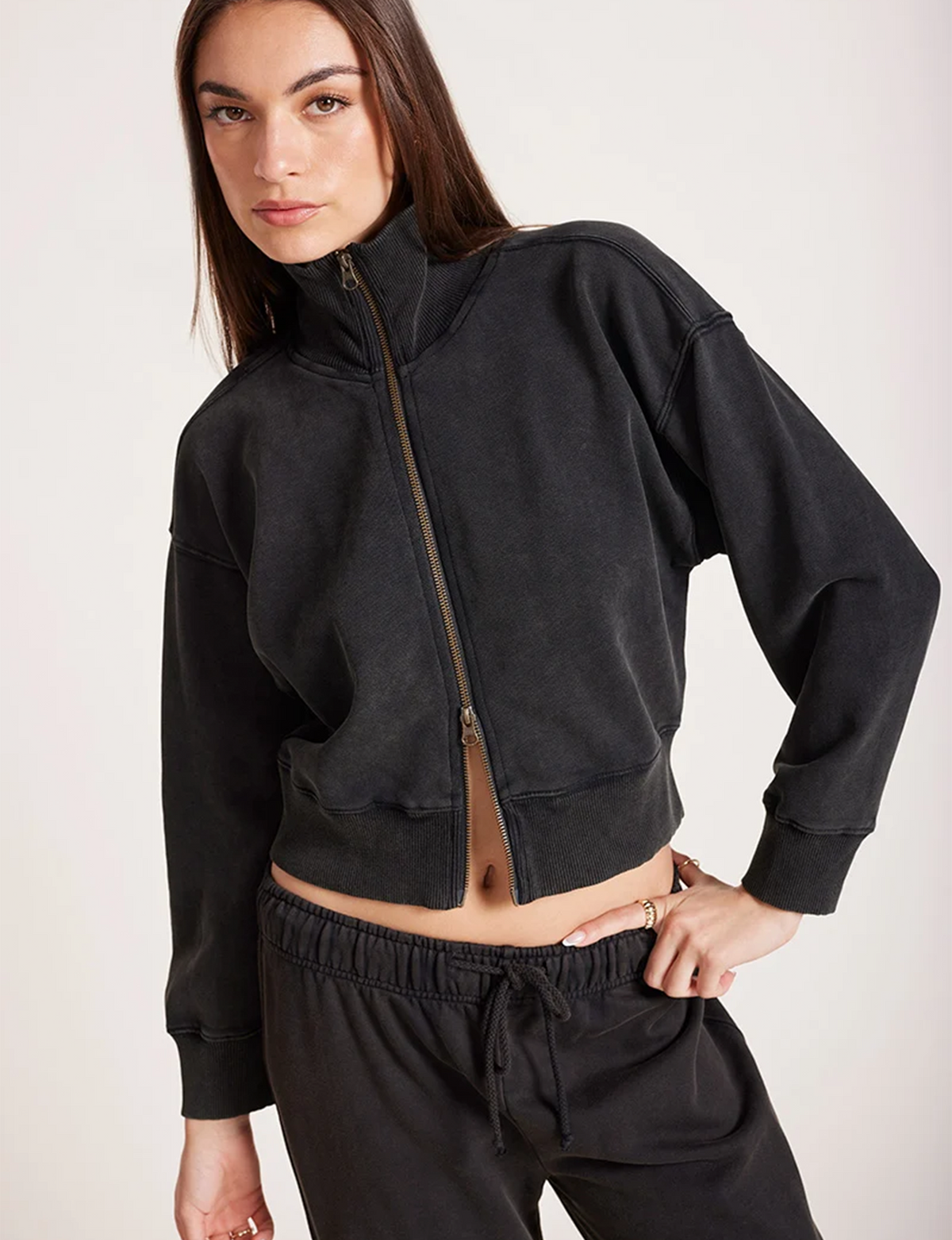 Funnel Neck Zip Up Sweatshirt, Faded Black