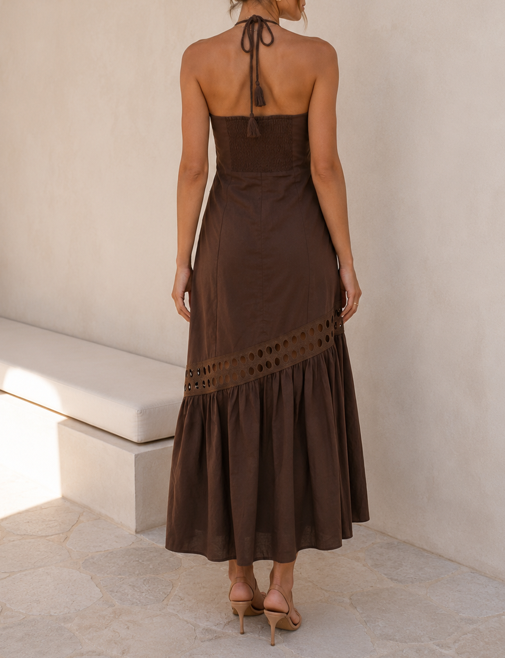 Cutwork Halter Maxi Dress, Mocha