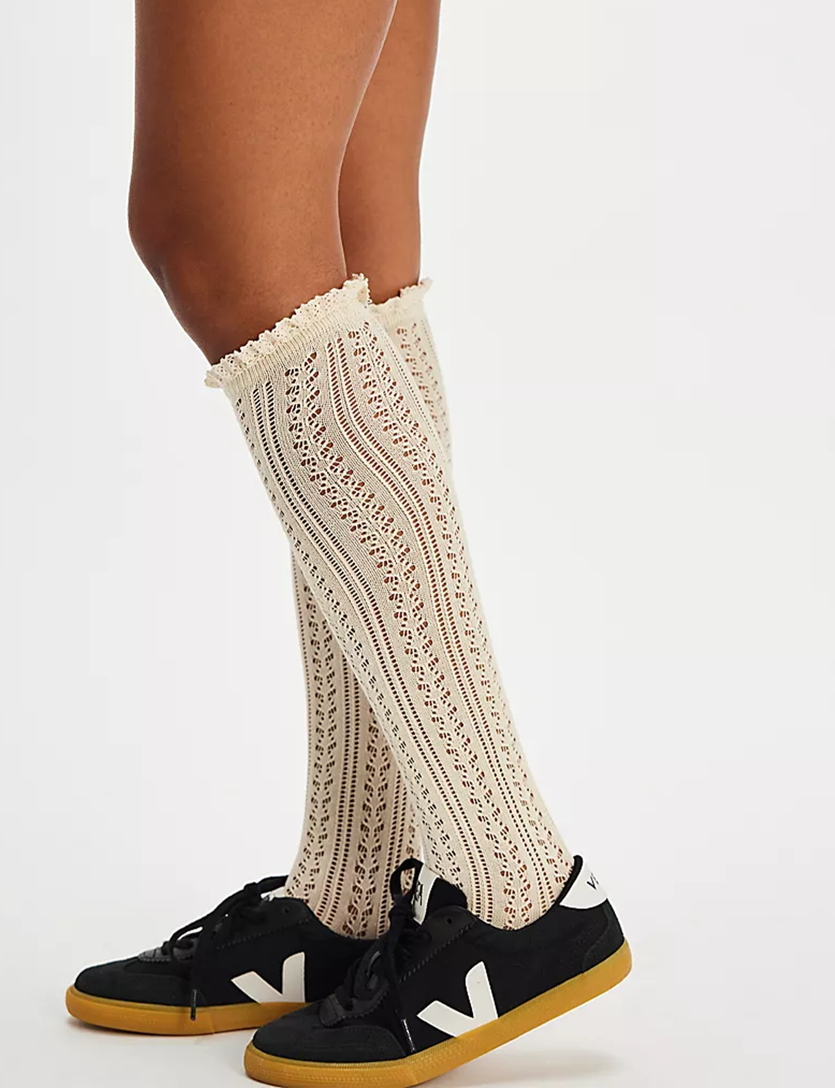 Misty Net Pointelle Tall Socks, Cream