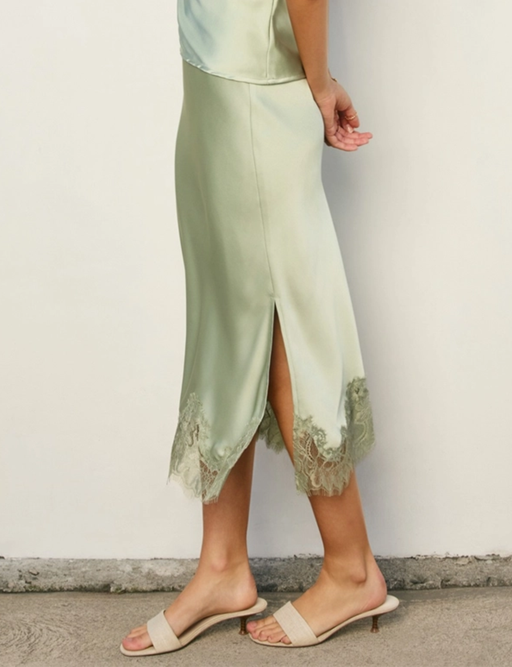 Satin Pencil Skirt, Light Sage