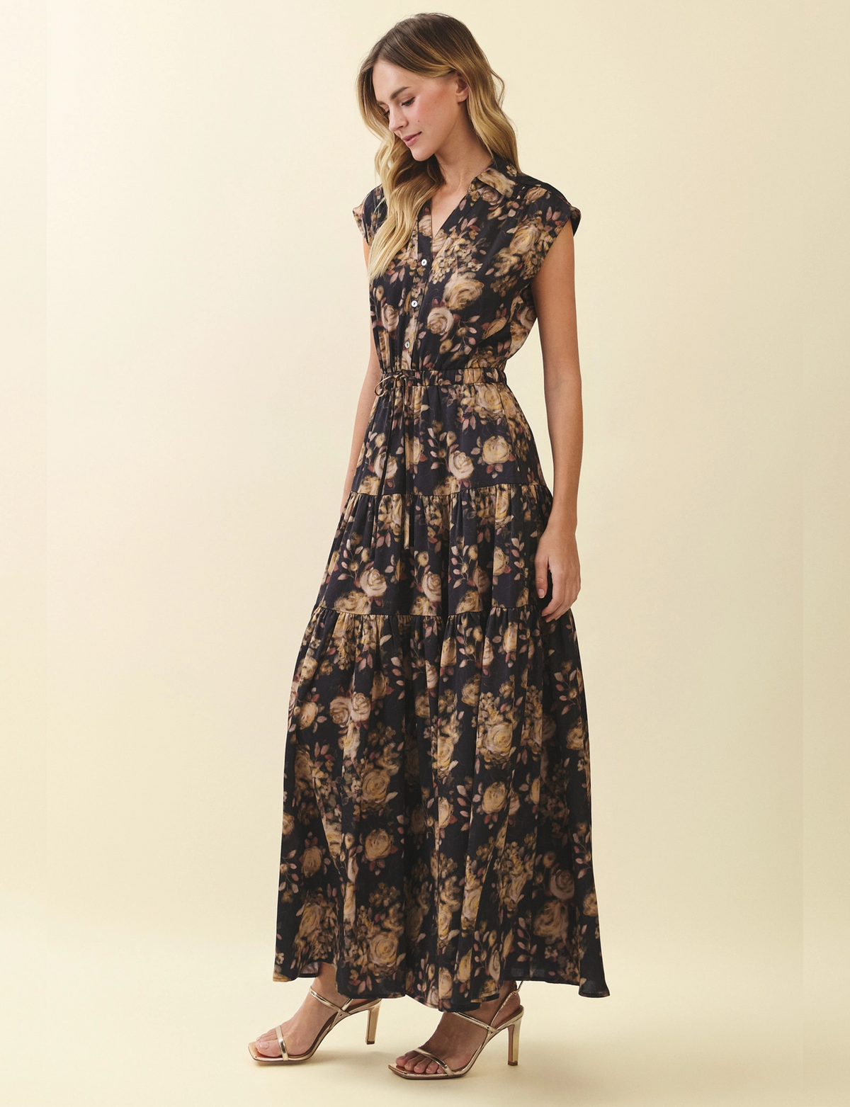 Floral Tiered Maxi Dress, Black/Multi