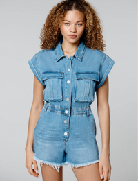 Short Sleeve Distressed Denim Romper, Sit Tight