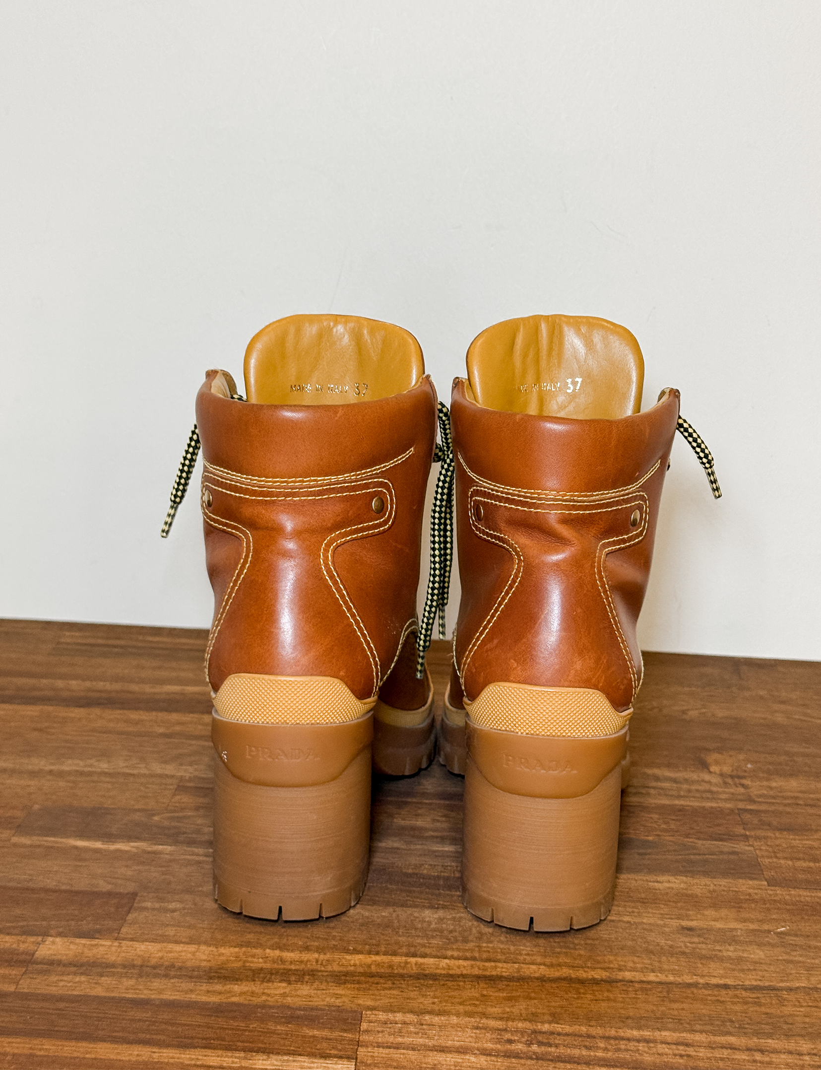 Prada Leather Lace Up Bootie, Brown