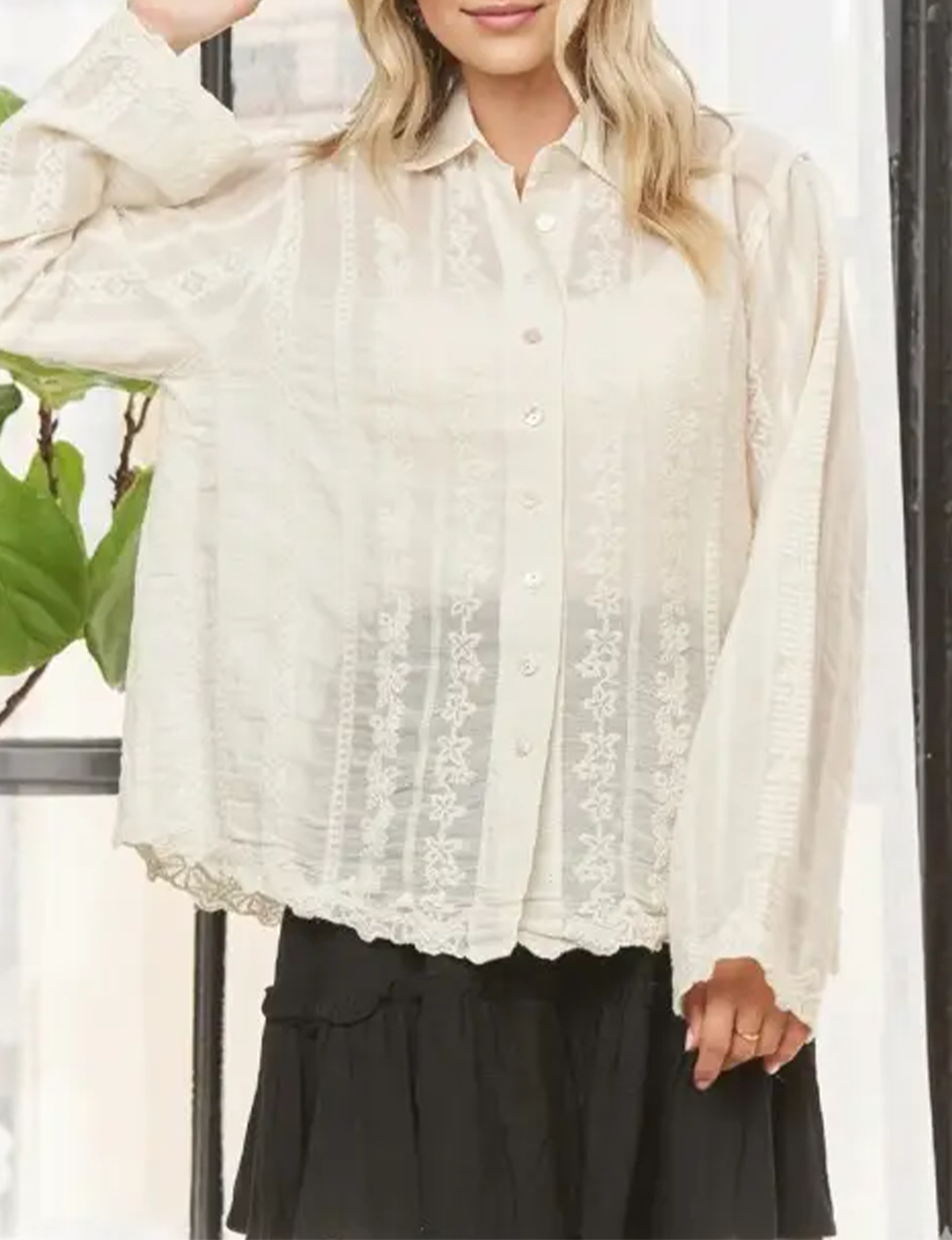 Embroidered Button Up Blouse, Beige