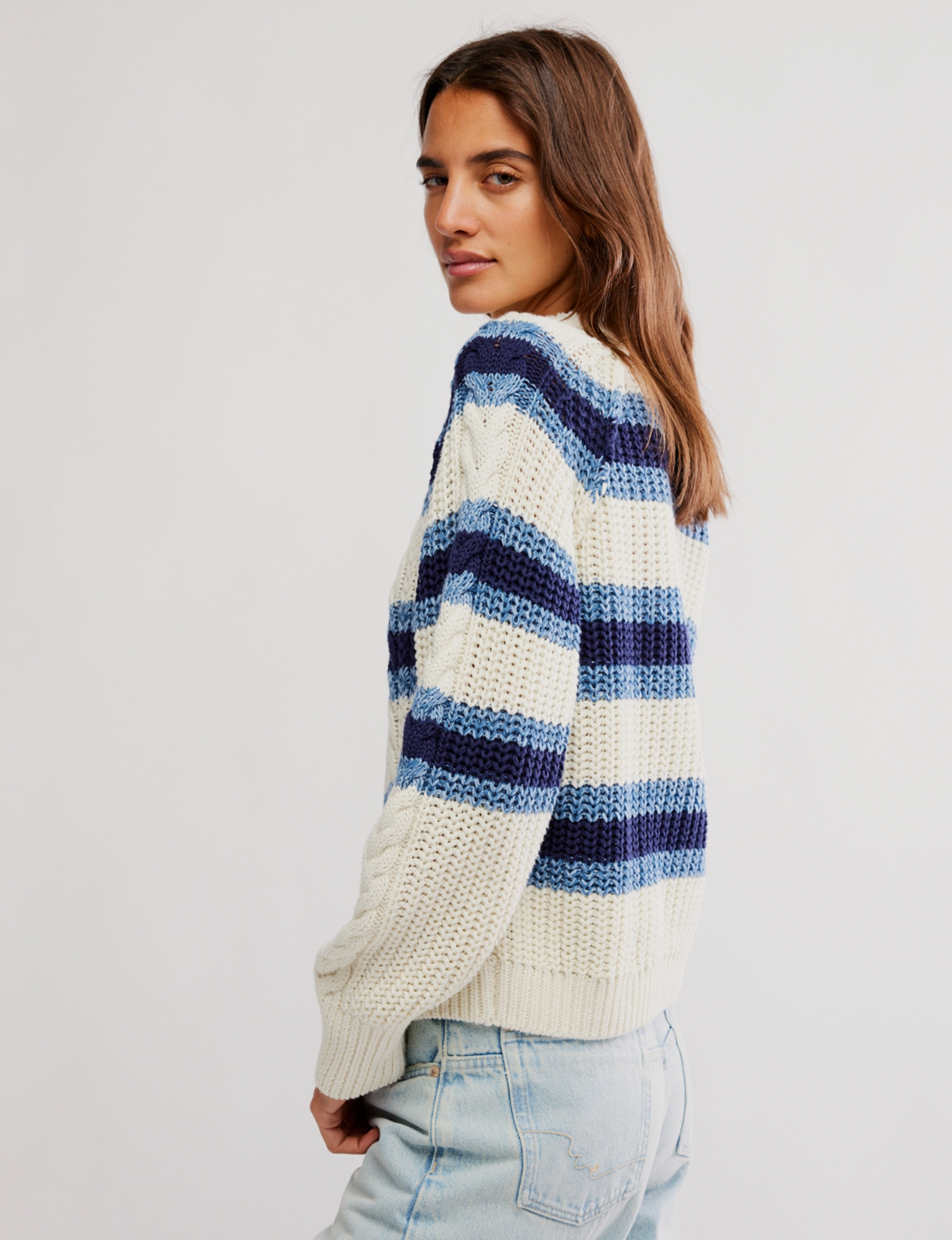Frankie Cable Striped Sweater, Ivory/Combo