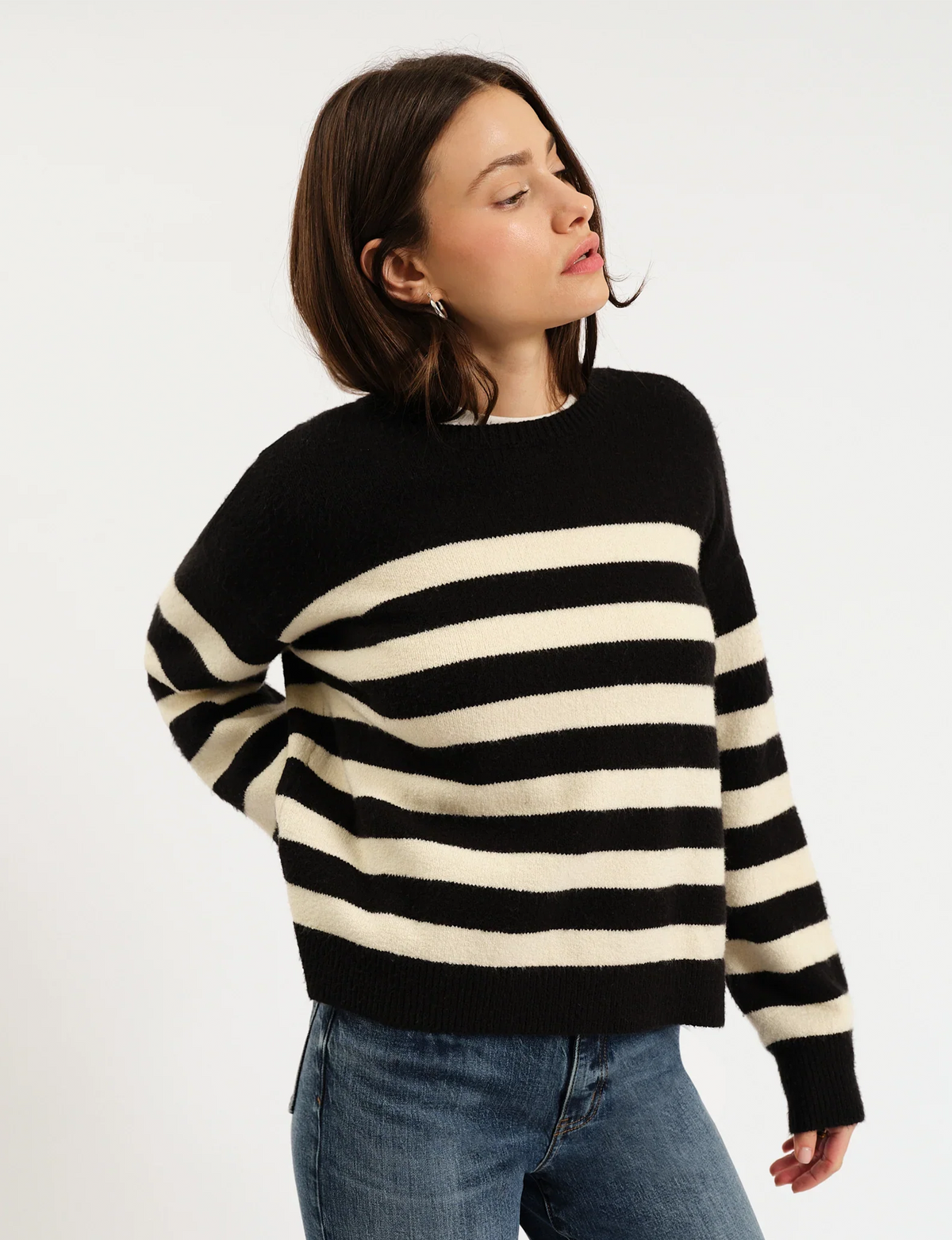 Carlyle Crew Sweater, Black/Ivory