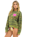 Heart Print Relaxed Crew Sweatshirt, Camo/Neon Pink