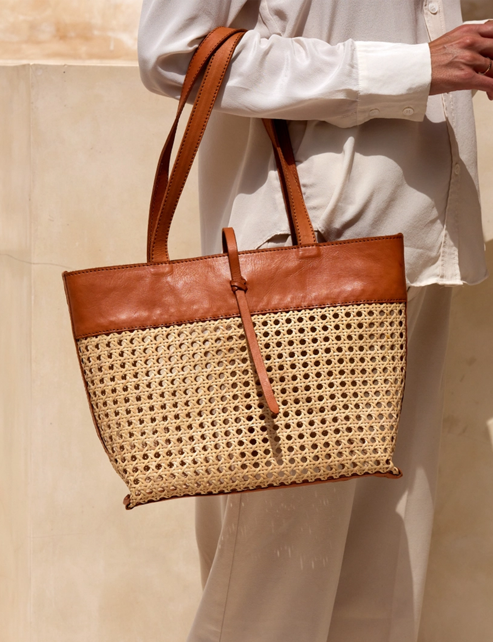 Rattan Tote, Brown Leather