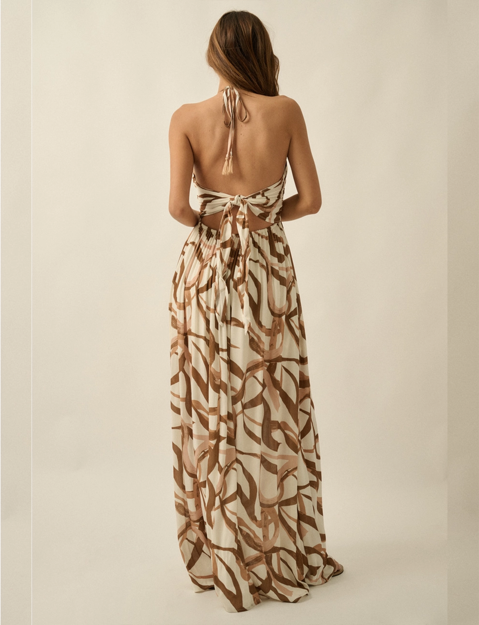 Abstract Halter Maxi Dress, Cream Brown