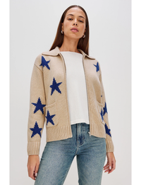 Rhea Zip Sweater, Camel/Cobalt Stars