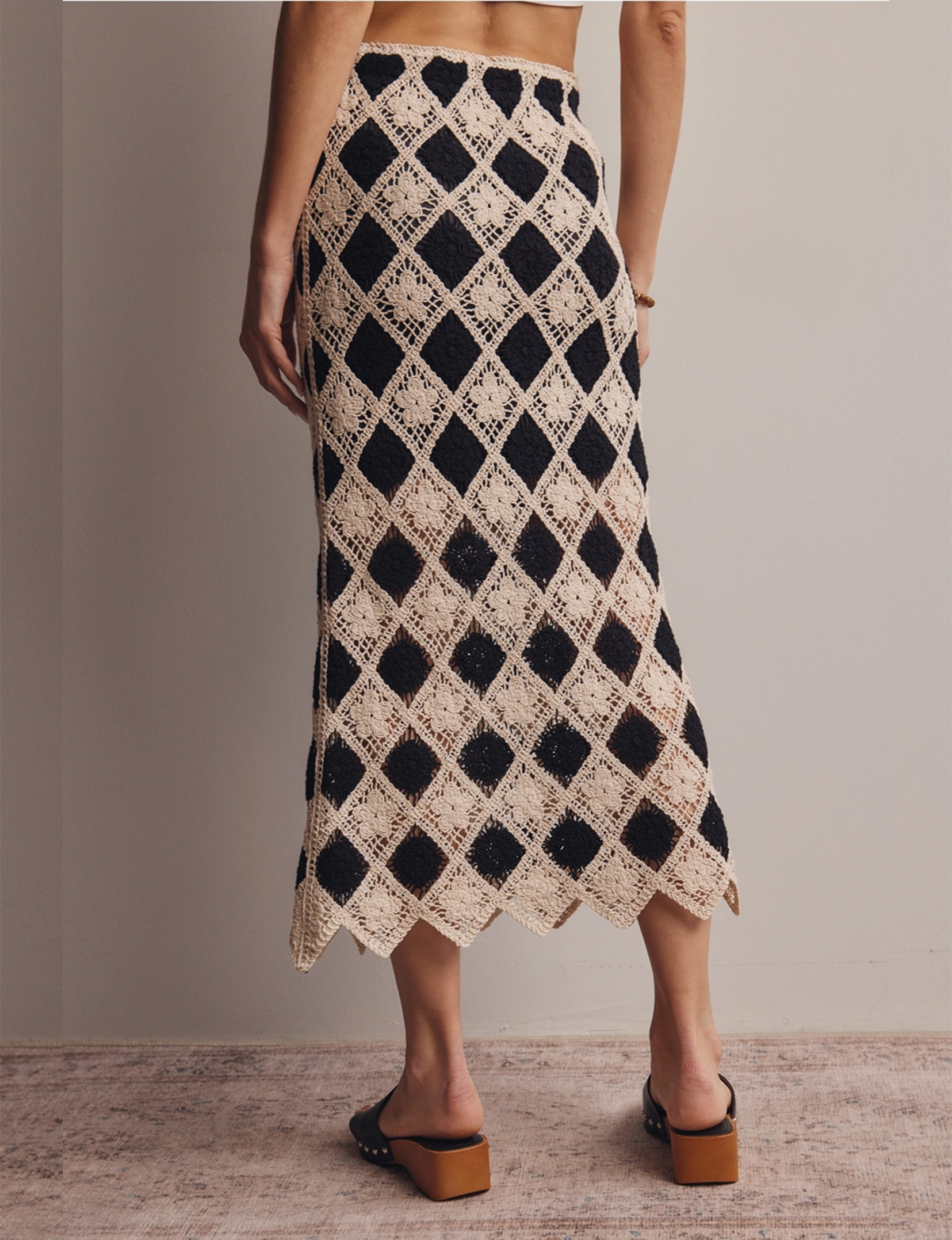 Crochet Diamond Midi Skirt, Black Natural