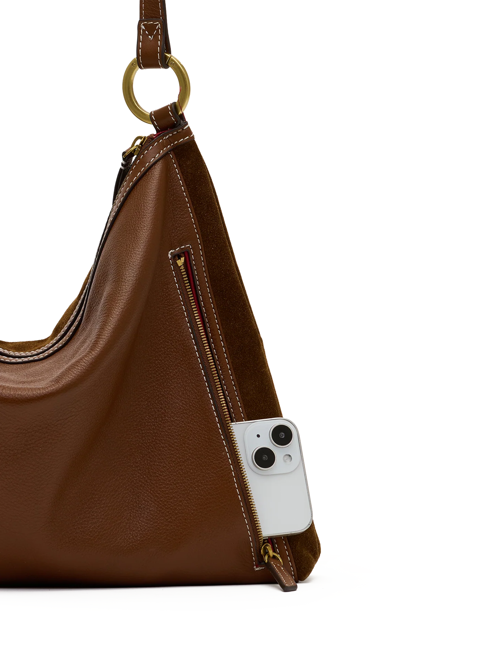 Kyle Large Handbag, Cinnamon Suede/Antique Gold