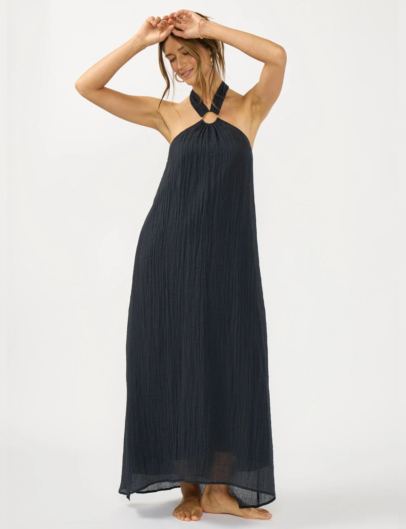 Halter O-Ring Maxi Dress, Slate Blue
