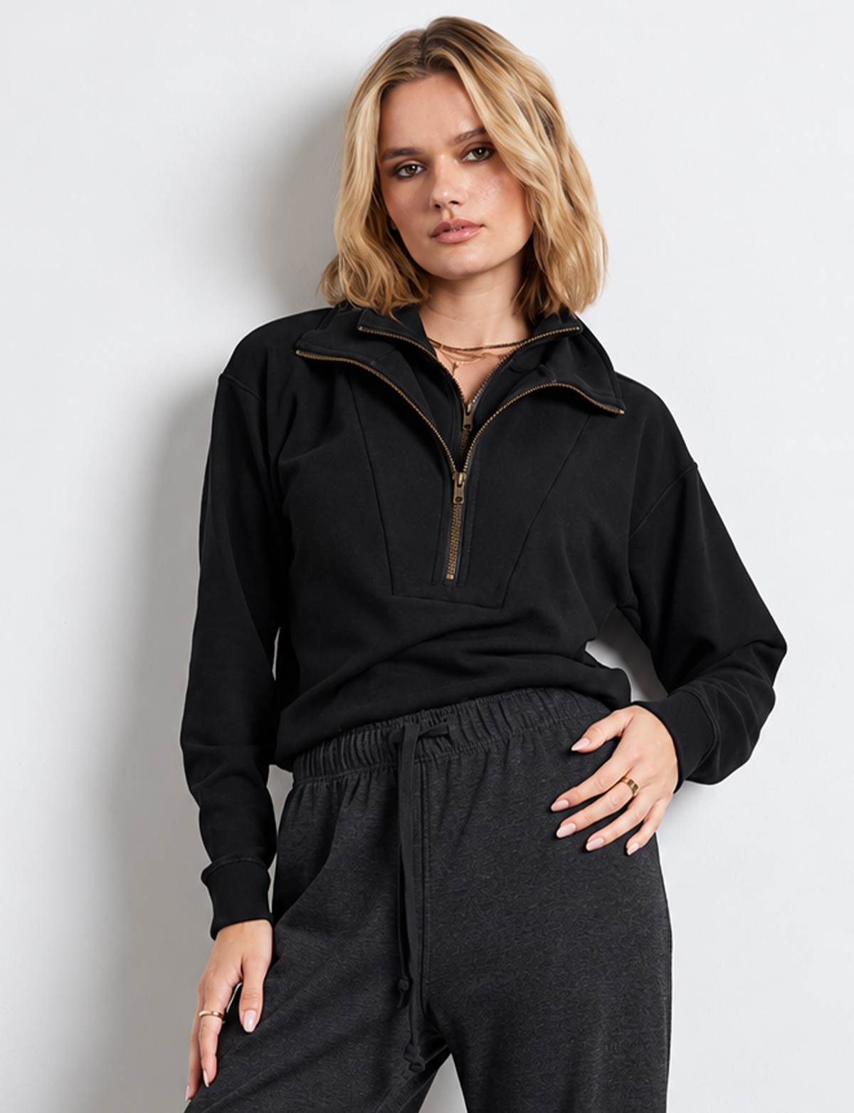 Double Zip Pullover, Heather Black