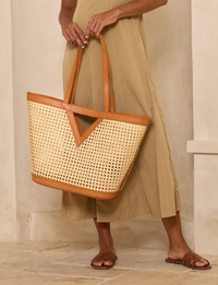 Rattan Large Triangle Tote, Tan Leather